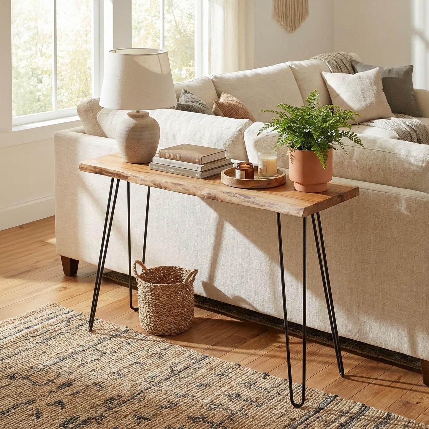 Alaterre Furniture Live Edge Wood Console Table with Hairpin Metal Legs – Rustic Solid Wood Sofa Table, Narrow Entryway Hallway Table, Industrial Farmhouse Media Console for Living Room (48 Inch)