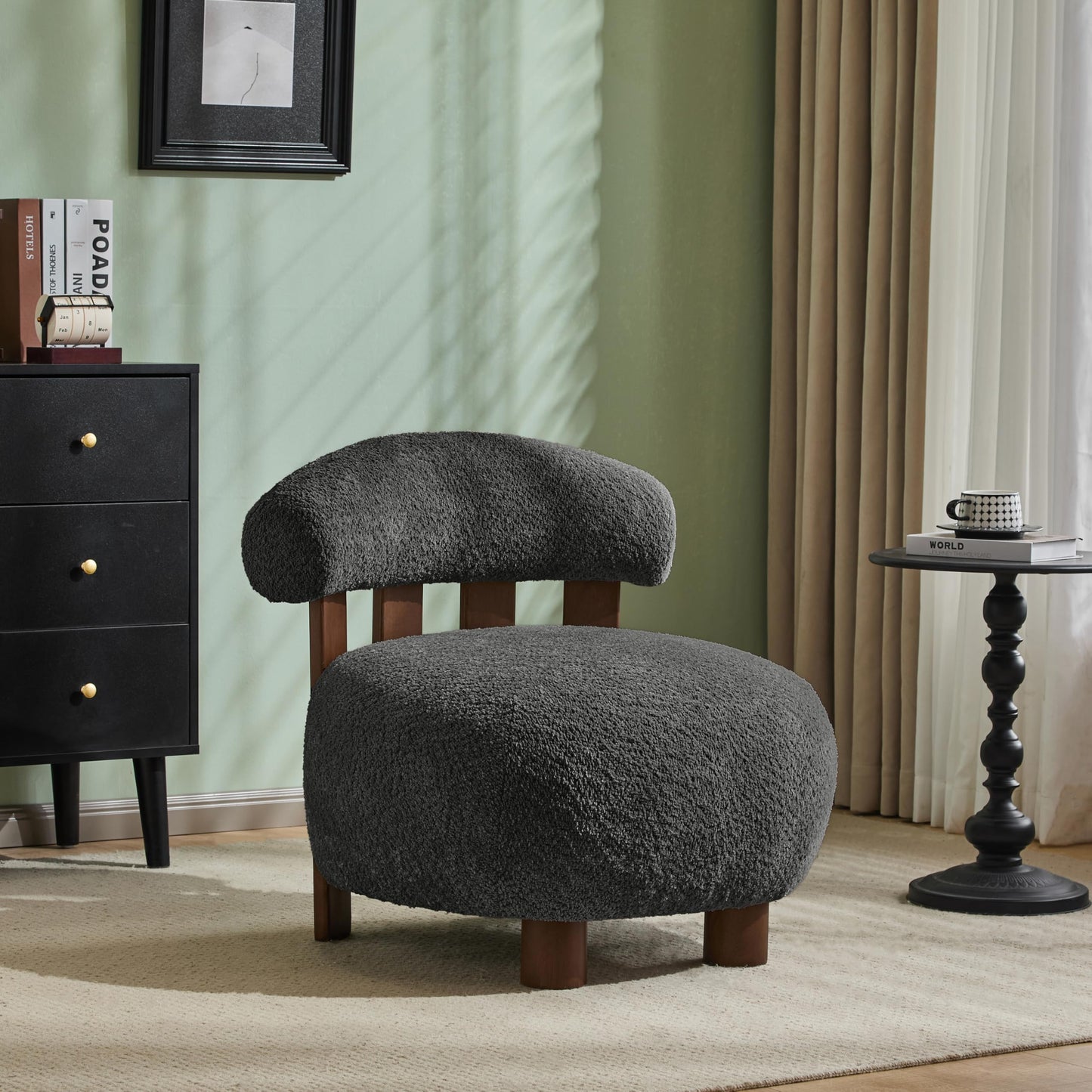 Merax Boucle Upholstered Accent Chair, Modern Barrel Armlesschair with Plush Curved Backrest and Solid Wood Legs, Cozy Lounge Reading Chair for Living Room Bedroom, Dark Gray