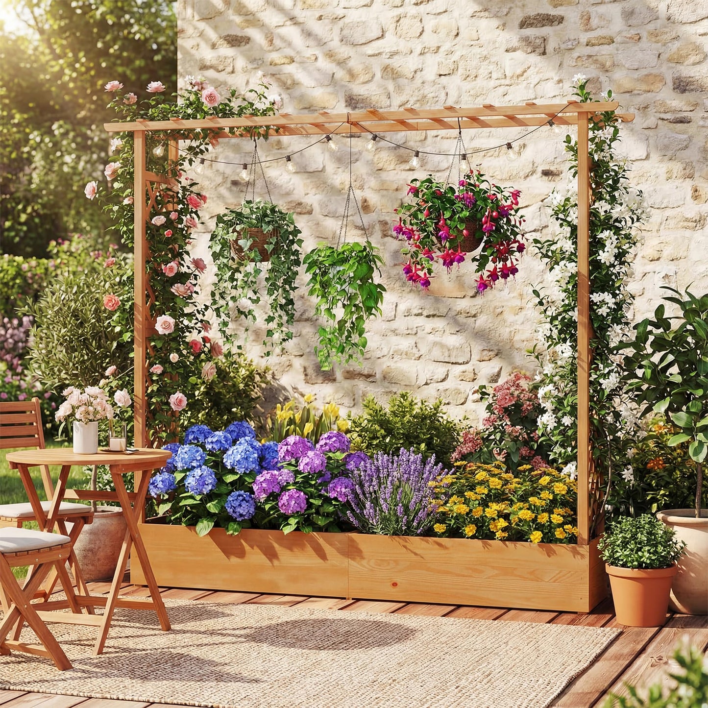 HAPPYGRILL Raised Garden Bed with Trellis, Freestanding Wood Planter Box w/Hanging Roof & Drainage Holes for Vine, Climbing Plants, Flowers, Outdoor Planter with Trellis for Garden, Patio, Yard (2)