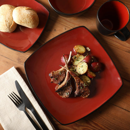 Gibson Elite Soho Lounge Square 16-Piece Dinnerware Set, Service for 4, Reactive Glaze Stoneware Plates and Bowls, Modern Dishes, Microwave & Dishwasher Safe – Red and Black