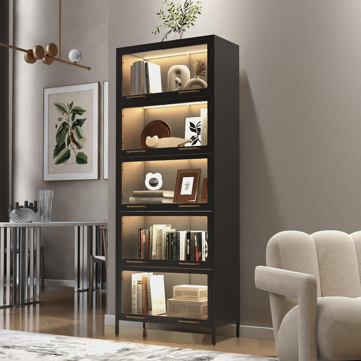 Merax 76.75'' Black Steel 5 Shelf Bookcase with Dustproof Glass Doors, Tall Iron Collection Books Display Cabinet with LED Lights, Modern Curio Bookshelf for Living Room, Home Office, Studio