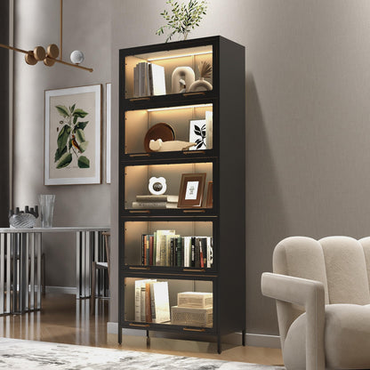 Merax 76.75'' Black Steel 5 Shelf Bookcase with Dustproof Glass Doors, Tall Iron Collection Books Display Cabinet with LED Lights, Modern Curio Bookshelf for Living Room, Home Office, Studio
