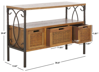 SAFAVIEH Home Collection – Joshua Oak Brown 3-Drawer Console Table with Shelf, Wicker Front Storage Drawers, Farmhouse-Inspired Accent Console for Entryway or Living Room (AMH6532C)