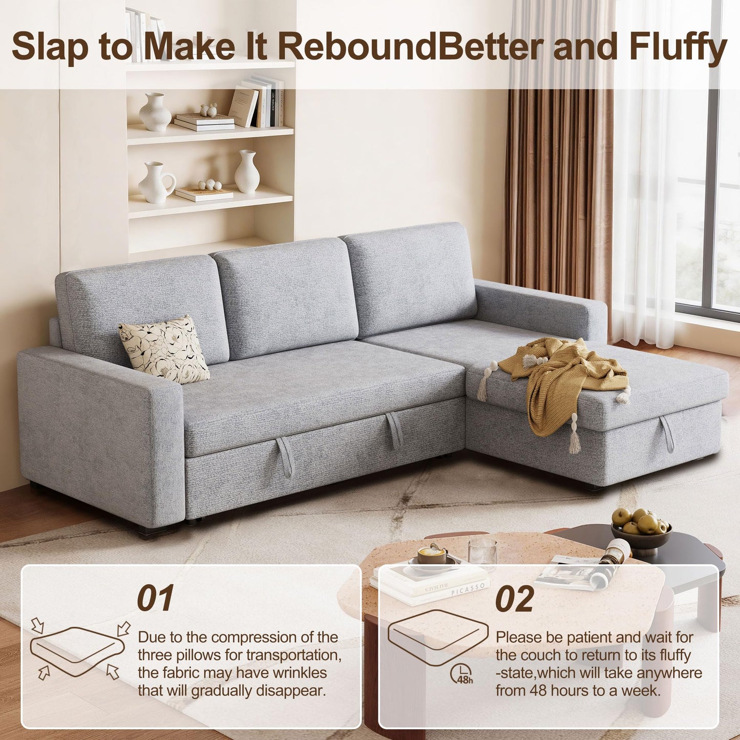 FAVSH 81.5" Convertible L Shaped Sleeper Sofa, 3-Seat Pull Out Sectional Couch with Storage Chaise & Removable Cushions, Chenille Fabric for Small Living Room Apartment, Light Gray