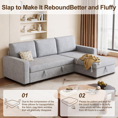FAVSH 81.5" Convertible L Shaped Sleeper Sofa, 3-Seat Pull Out Sectional Couch with Storage Chaise & Removable Cushions, Chenille Fabric for Small Living Room Apartment, Light Gray