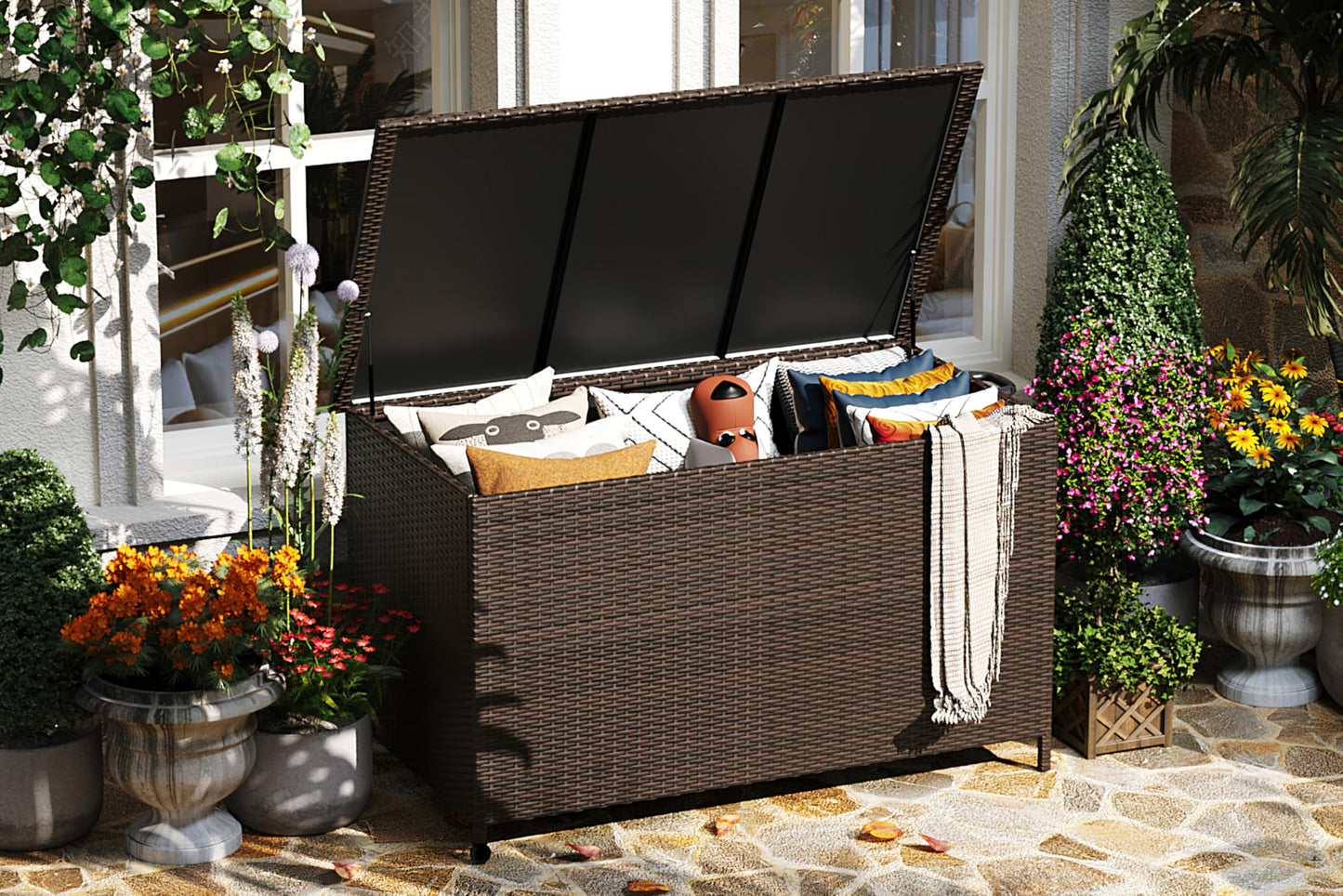 MilleLoom 185 Gallon Outdoor Storage Box with Wheels - Large Wicker Rattan Deck Box for Patio Cushions, Garden Tools, Pool Floats & Pillows, All-Weather Patio Furniture Storage, Brown