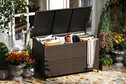 MilleLoom 185 Gallon Outdoor Storage Box with Wheels - Large Wicker Rattan Deck Box for Patio Cushions, Garden Tools, Pool Floats & Pillows, All-Weather Patio Furniture Storage, Brown