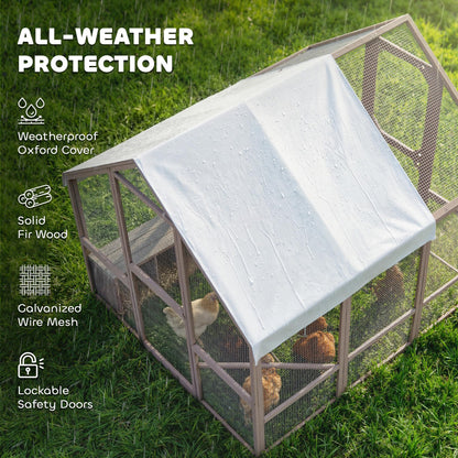 PawHut Large Wooden Chicken Coop for 8-10 Hens, Walk-in Chicken Run with Waterproof Cover, Nesting Boxes and Perches, Outdoor Poultry Cage Rabbit Hutch for Backyard, 83" x 73" x 73", Light Brown