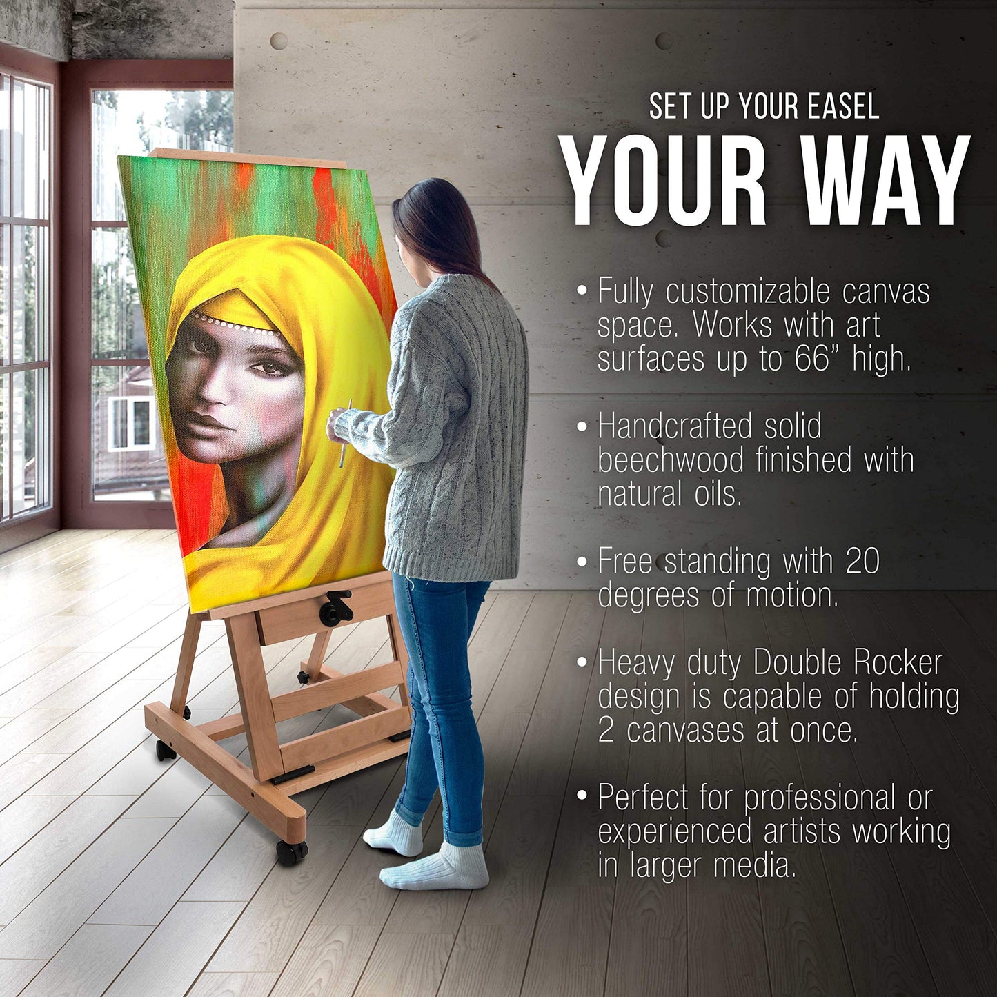 U.S. Art Supply Double Rocker Crank Heavy Duty Extra Large Wooden Studio Floor Standing Easel - Double Mast Adjustable H-Frame Art Easel for Painting, Canvas Holder, Display Stand with Locking Wheels
