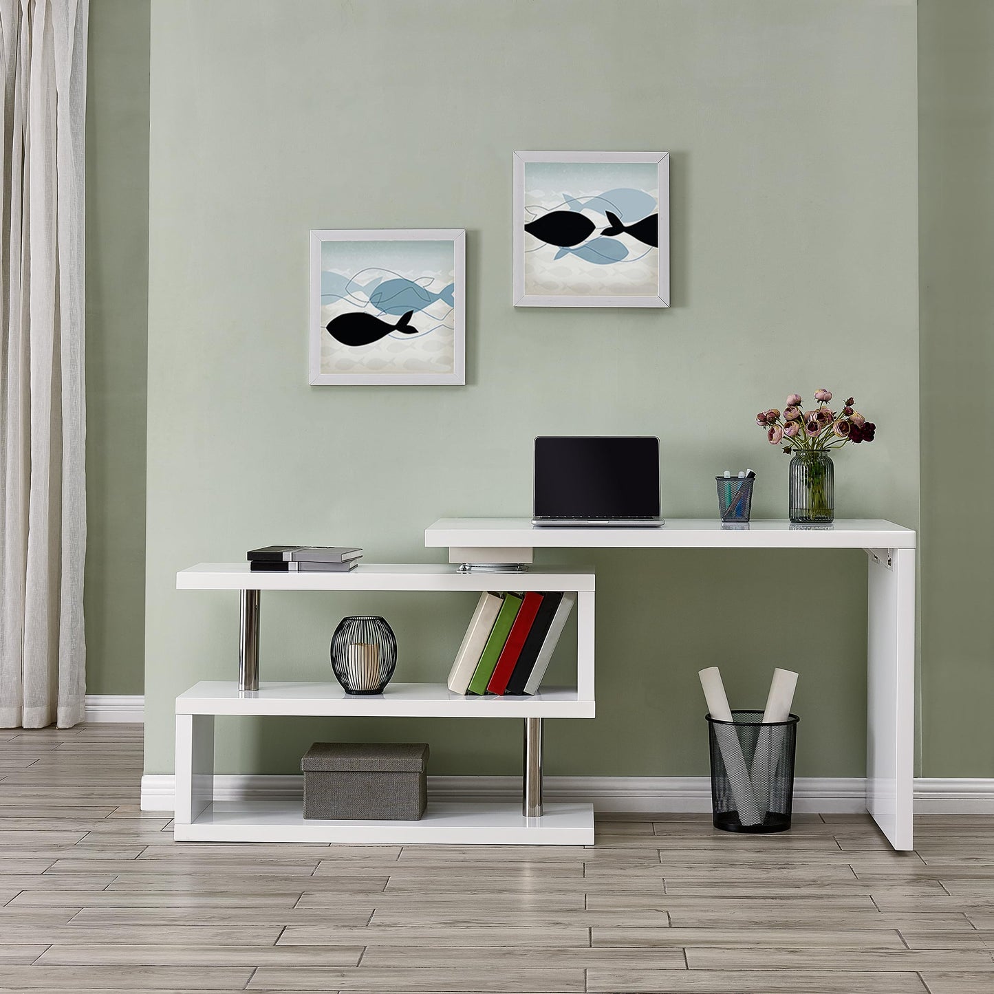 SEI Furniture Yates Multifunctional Corner/L Desk w/ Shelves, White-chrome
