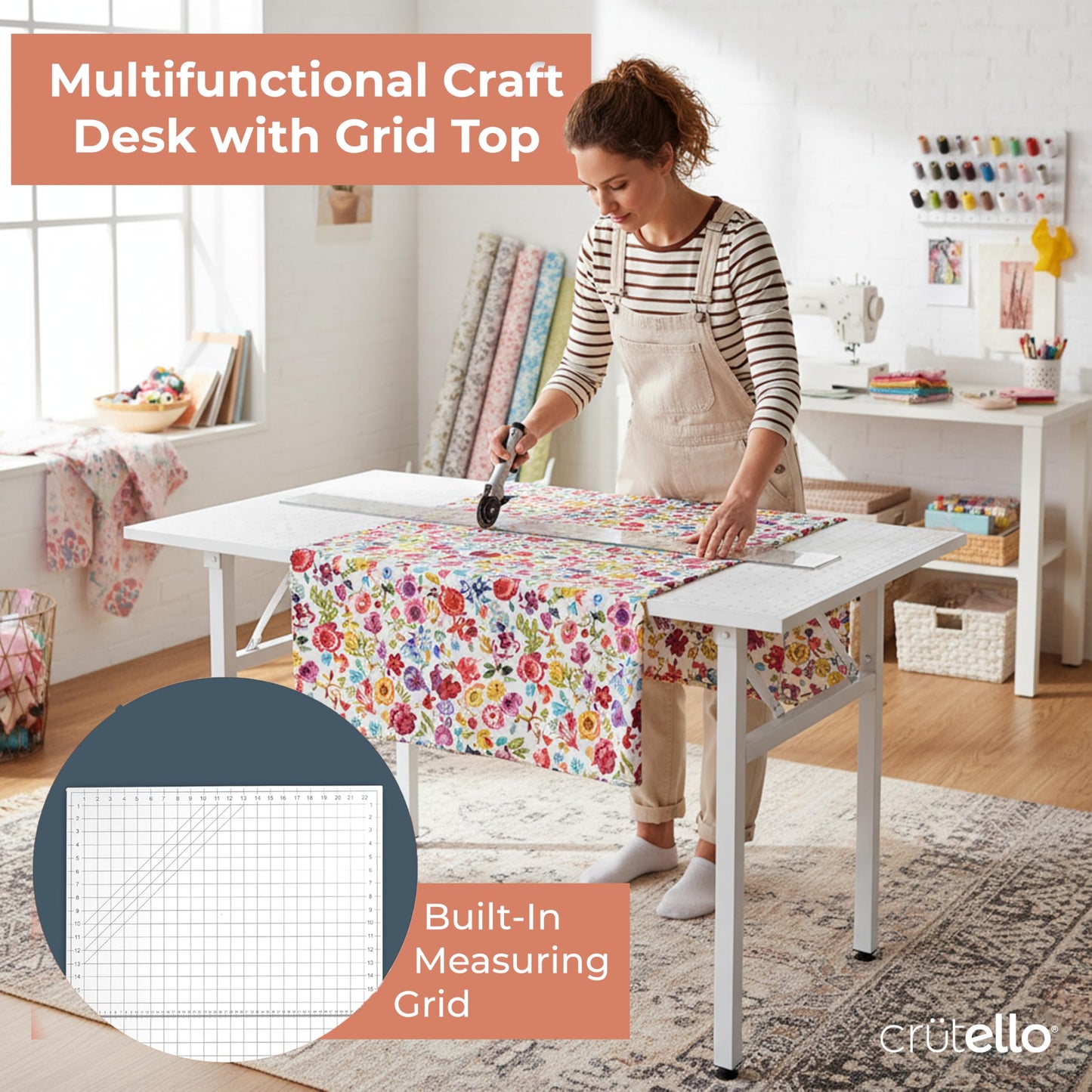 Crutello Fabric Cutting Table for Sewing Room - 48x24 inch Grid Top Folding Craft Table for Adults - Steel Folding Storage Legs for Sewing Machine, Hobby and Crafting Room - Patent Pending