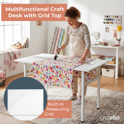 Crutello Fabric Cutting Table for Sewing Room - 48x24 inch Grid Top Folding Craft Table for Adults - Steel Folding Storage Legs for Sewing Machine, Hobby and Crafting Room - Patent Pending