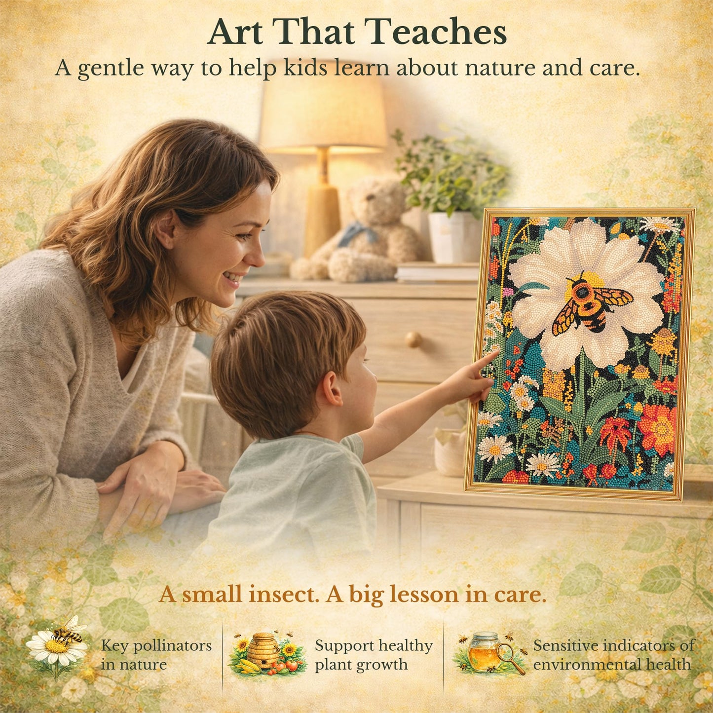 DIAMONDOUBLE Premium Diamond Art Kit for Adults on Velvet Canvas, 12x16 5D Full Drill Small Diamond Painting Kit for Beginners, Bee & Flower Hand-Drawn Design with Mixed Acrylic Round & Mini Diamonds