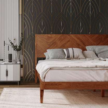 RORNS Gazelle Bed Frame with Headboard Solid Wood Platform Bed, Queen Bed Frames, Optical Illusion Tall Headboard Wood Bed Compatible with All Mattress Types, No Box Spring Needed, Walnut