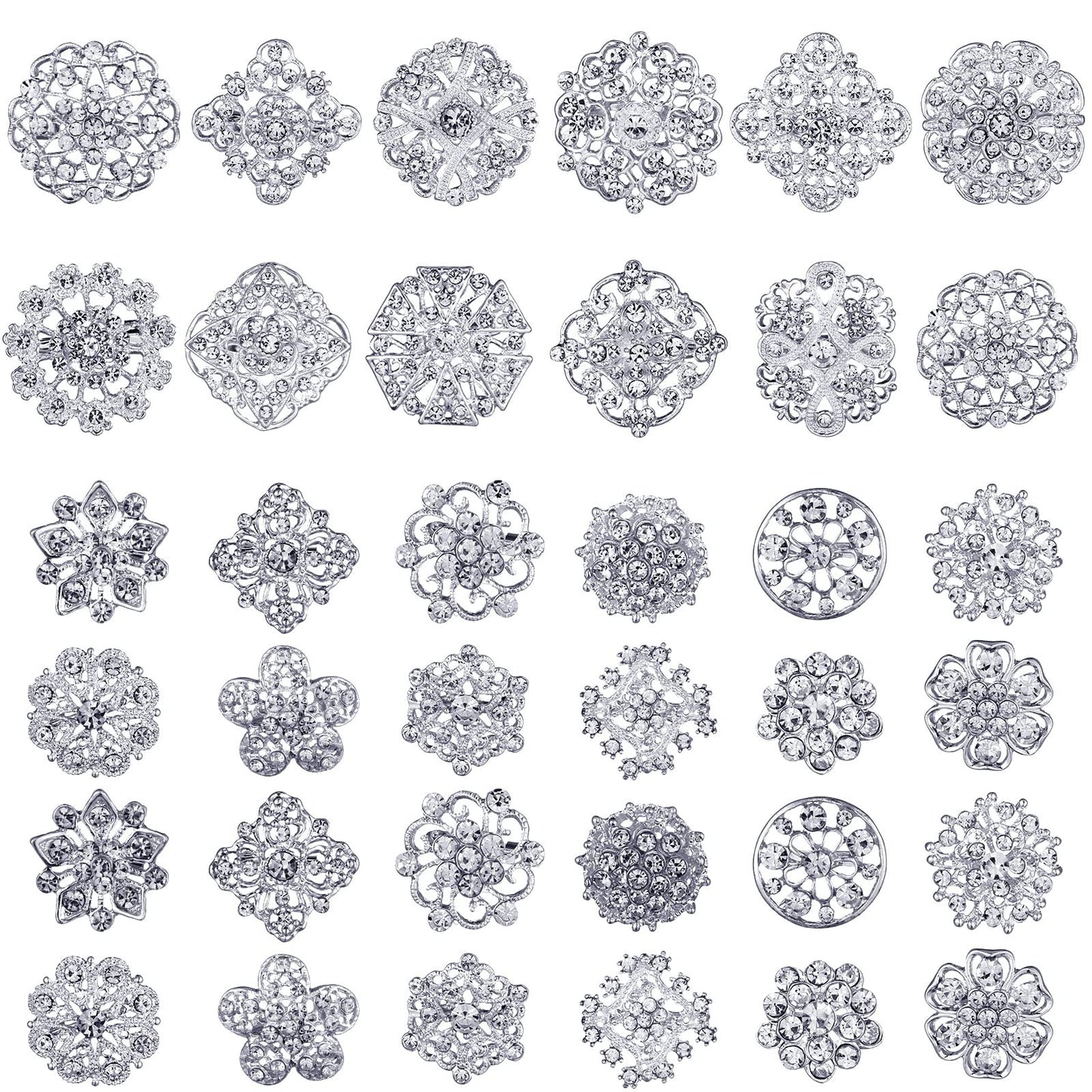 36 Pieces Clear Rhinestone Brooches for Crafts Crystal Flower Brooch Pins with Rhinestones Silver Bulk Brooches Jewelry for Woman Flower Lapel Badge Pins DIY Wedding Bouquet Broaches Kit (Silver)