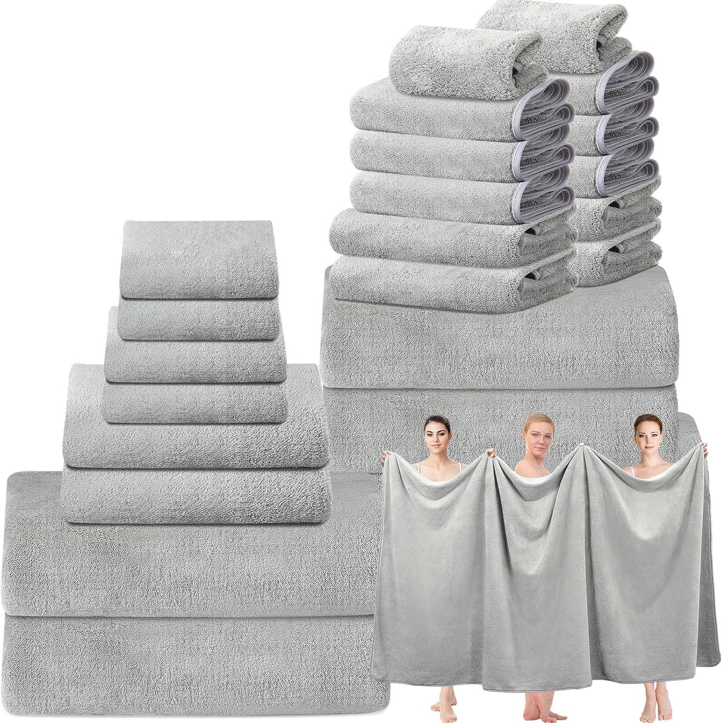 24 Set: 2 4 6 8 4 Mixweer Piece Light Grey Microfiber Absorbent Towel Oversized Bath Sheets, Bath Towels, Hand