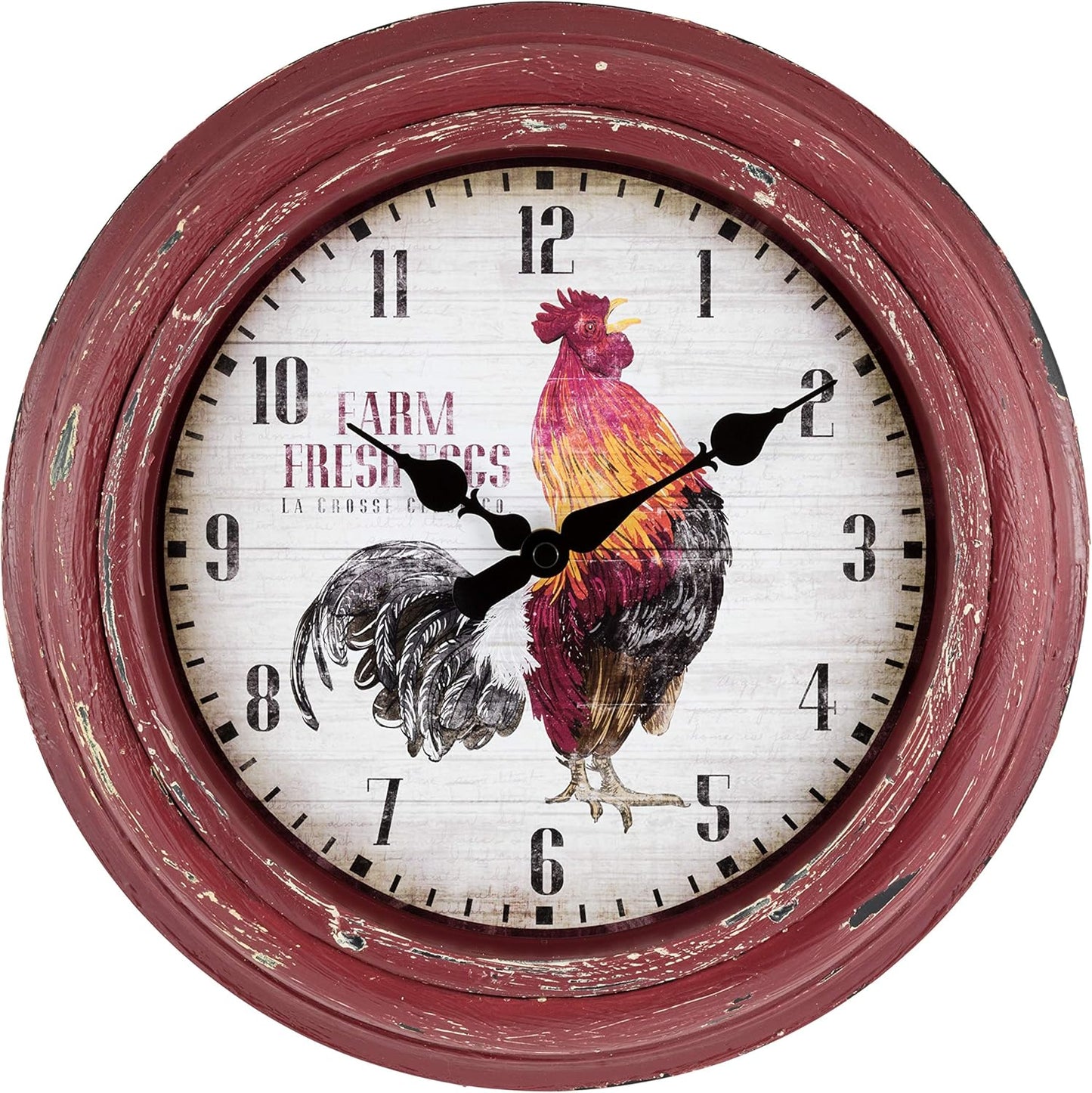 La Crosse Technology 12 Inch Distressed Red Rooster Quartz Wall Clock - Model 404-3630