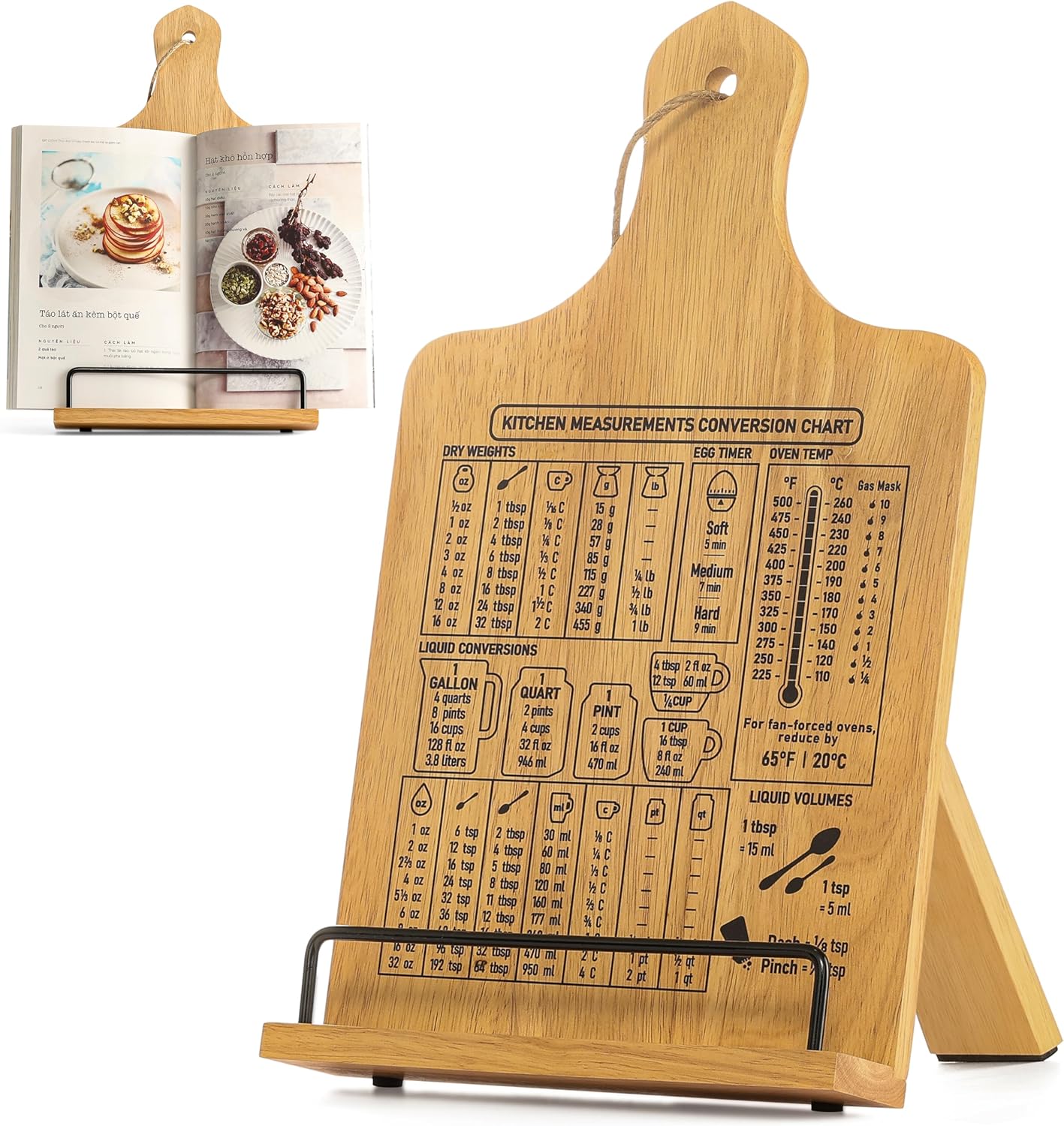 Cookbook Stand, Rustic Wood Holder with Measurement Conversion Chart, Adjustable Recipe Ipad Tablet Book Holder for