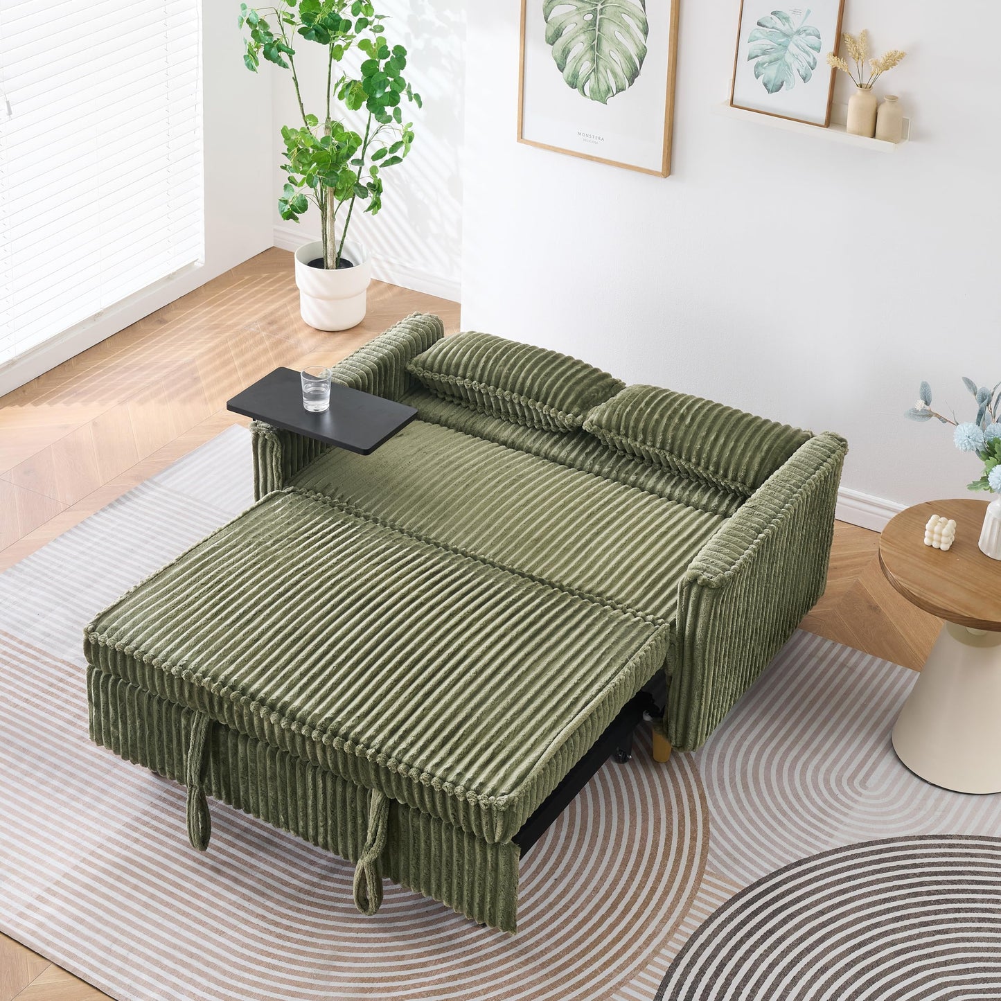 KEIKI 54" 3-in-1 Convertible Sofa Bed – Corduroy Futon Sleeper with Pull-Out Bed, Movable Tabletop, USB Ports – Small Loveseat for Living Room, Bedroom – Green