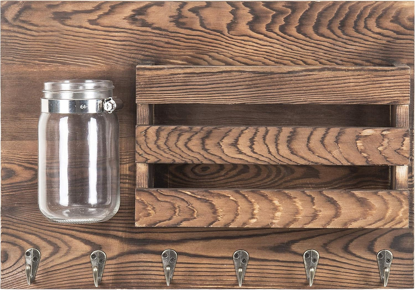 MyGift Wall-Mounted Burnt Wood Mail Holder Organizer with 6 Key Hooks & Mason Jar