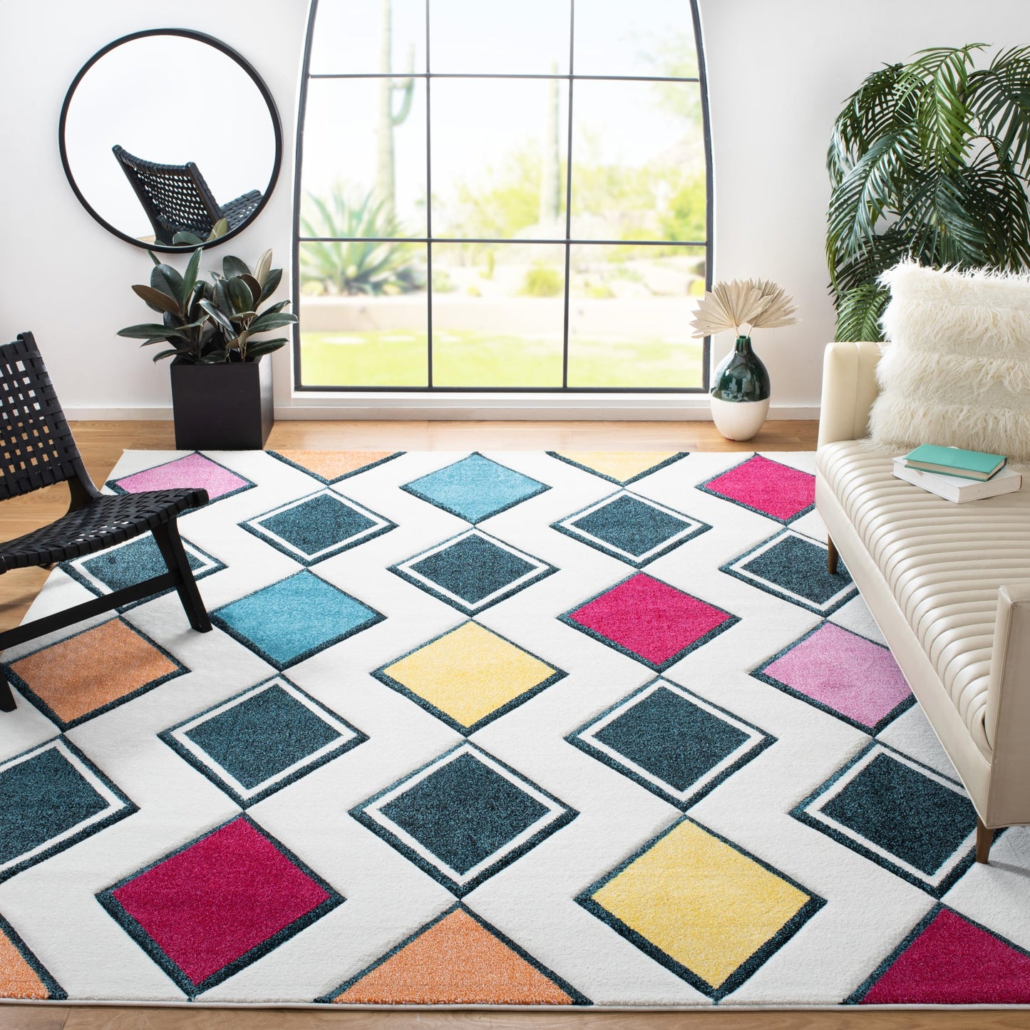 SAFAVIEH Area Rug 8x10 - Hollywood Collection - Large - Ivory & Peacock Blue, Mid-Century Modern Design, Non-Shedding & Easy Cleaning, Ideal for Living Room, Bedroom, Office, Dining Space (HLW704B)