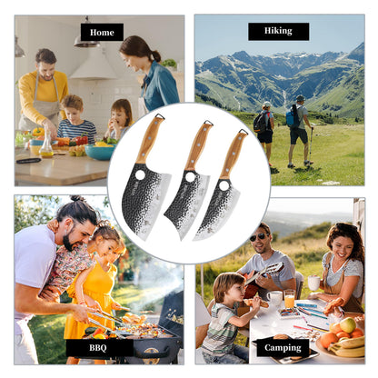 3PCS Butcher Knife Set, Hand Forged 7" Butcher Meat Cleaver, 7" Serbian Chef and 6.5" Viking Knife, Great for Indoor & Outdoor (Stylish Pattern Design)