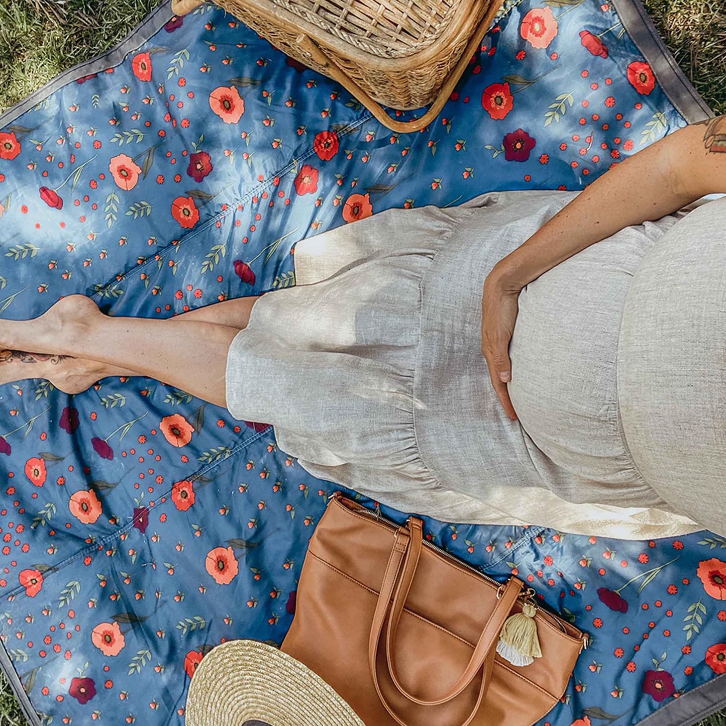 Little Unicorn 5'x5' Outdoor Family Picnic & Beach Blanket | Durable & Water-Resistant Fabric | Compact Fold & Easily Wipes Clean | Zipper Pocket (Midnight Poppy)