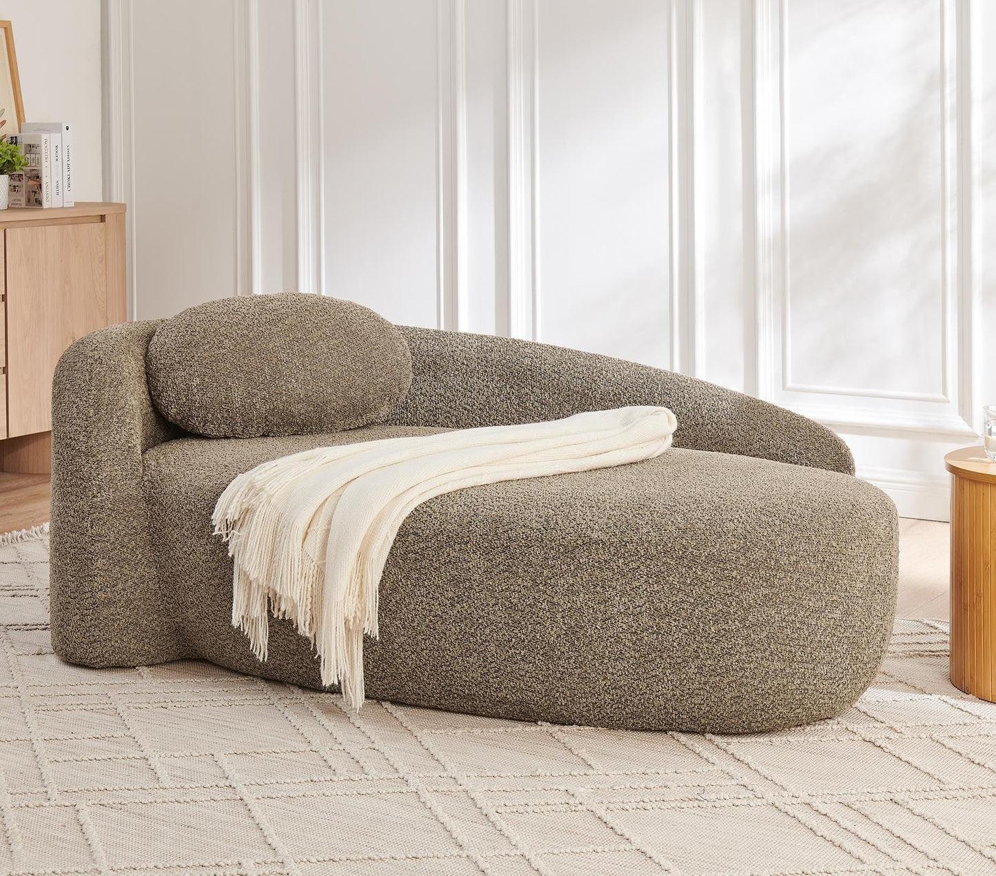 KEIKI 67" L Boucle Chaise Lounge Sofa Chair Indoor with Backrest, Armrest & Pillow, Oval Upholstered Single Lounger Sleeper Chair, Modern Reading Lazy Cloud Sofa Bed Recliner for Living Room Bedroom
