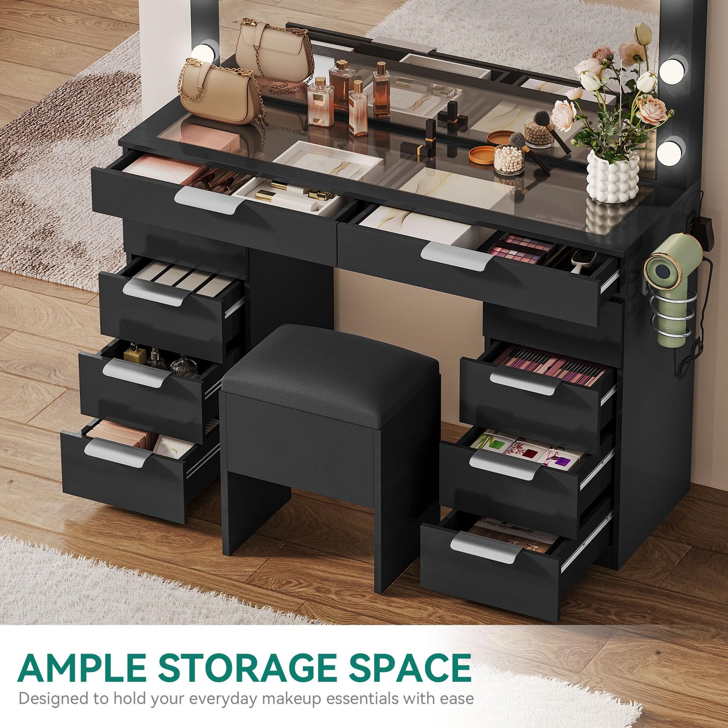 YITAHOME Vanity Desk with Mirror and Lights, Makeup Vanity Set with Glass Top & 10-Drawer, Charging Station, Dressing Table with Storage Chair & 3-Color Brightness Adjustable Lighting, Ink Black