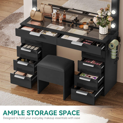 YITAHOME Vanity Desk with Mirror and Lights, Makeup Vanity Set with Glass Top & 10-Drawer, Charging Station, Dressing Table with Storage Chair & 3-Color Brightness Adjustable Lighting, Ink Black