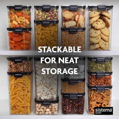 Sistema Tritan Ultra Airtight Pantry & Kitchen Storage Containers, 5-Pack, Clear Stackable Square Food Storage, BPA-Free, Dishwasher & Freezer-Safe (Microwave-Safe Without Lid)