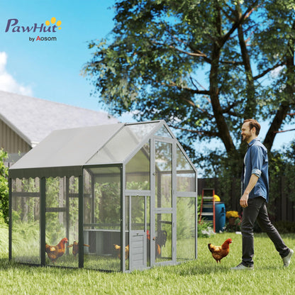 PawHut Large Wooden Chicken Coop for 6-8 Hens, Walk-in Chicken Run with Waterproof Cover, Nesting Boxes and Perches, Outdoor Poultry Cage Rabbit Hutch for Backyard, 66" x 72" x 72", Gray