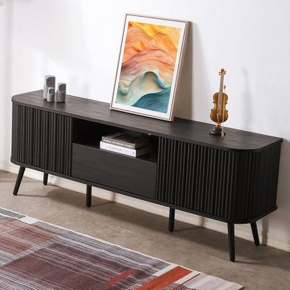 JONATHAN Y Damien 70" Mid-Century Fluted Wood TV Stand for TVs up to 75 Inch, Entertainment Center with Soft-Close Doors and Drawer, Media Console for Living Room, Black TVS1001C