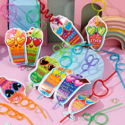 JOYIN 36 Pack Valentines Day Gift Cards with Colorful Loop Reusable Drinking Straws for Kids Valentine Party Favor, Classroom Gift Exchange, School Prizes