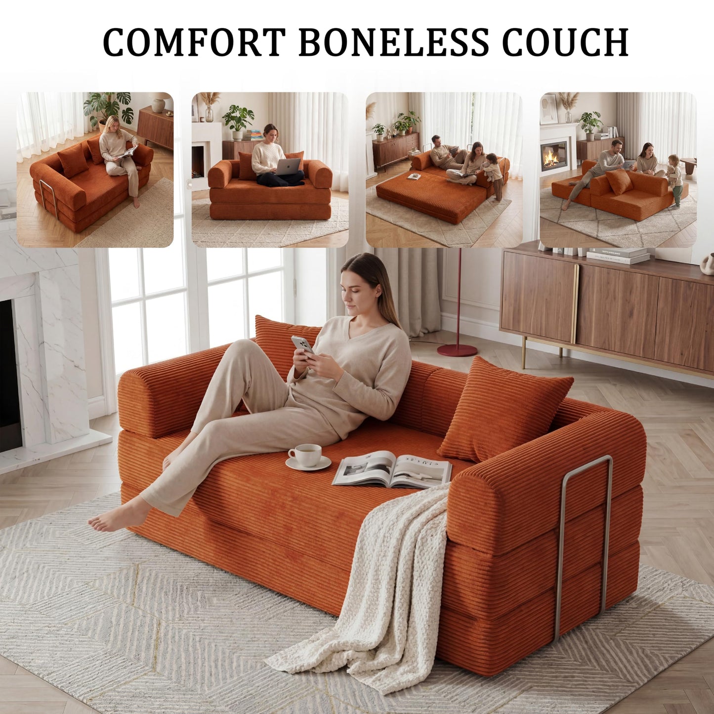 HouseMila 59" Boneless Couch,4-in-1 Futon Sofa Bed Modular Loveseat Sleeper Folding Compressed Couch with Pillows,No Assembly Required Convertible Sofa Bed for Living Room Bedroom Guest Room,Orange