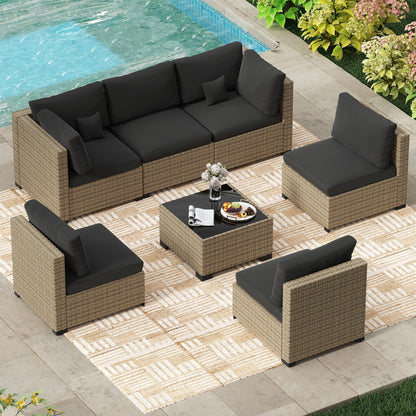 LHBcraft 7 Piece Outdoor Patio Furniture Set, Wicker Patio Furniture Set Outdoor Patio Sectional Sofa for Backyard Rattan Patio Seating with Black Cushion
