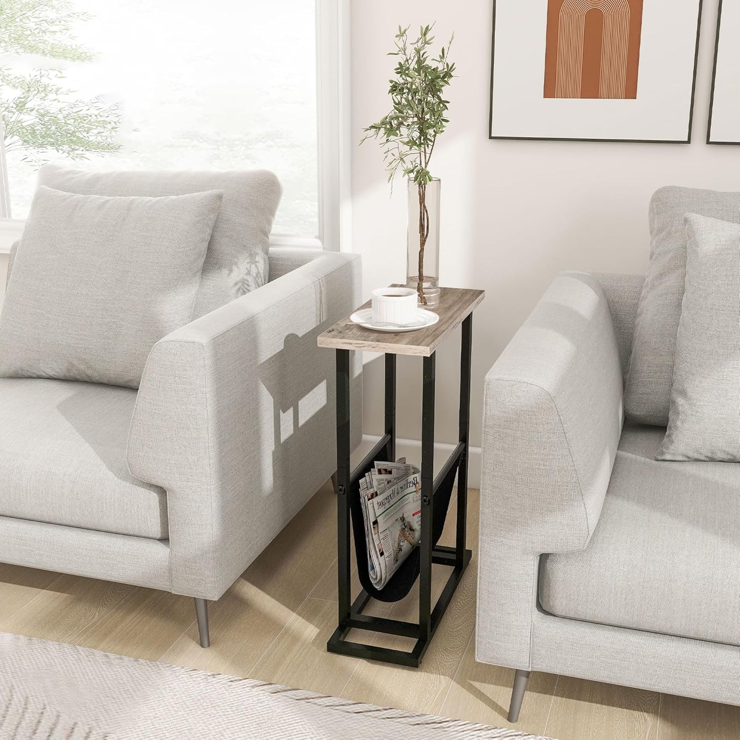 FLYJOE Narrow Side Table with PU Leather Magazine Holder Rustic Slim Little Thin Table for Living Room, Bedroom, Sofa