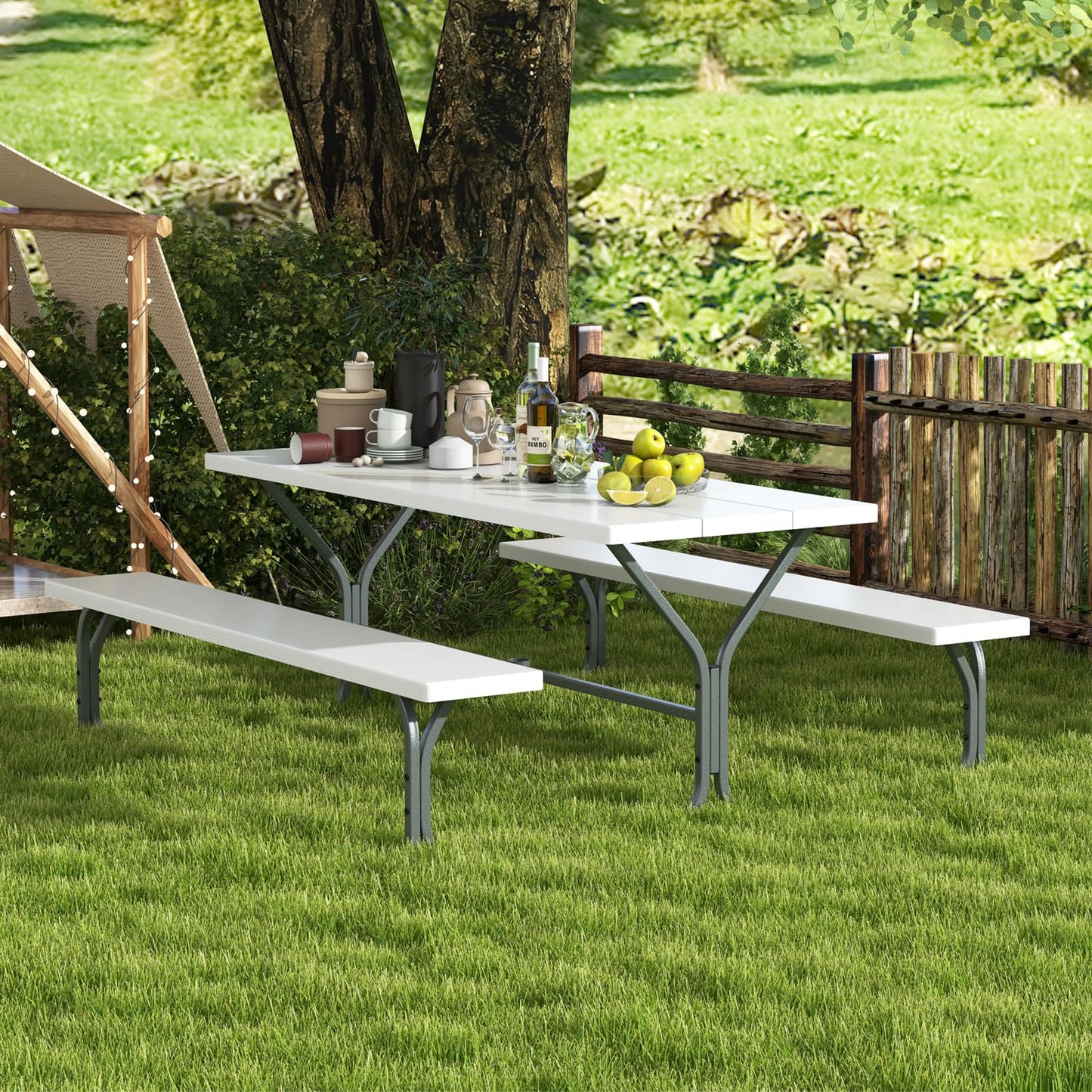Giantex Picnic Table 6FT for 8 Person, Outdoor Table Set w/ 2 Benches, All-Weather HDPE Rectangular Tabletop, Heavy Duty Metal Legs, Umbrella Hole, for Patio Yard Lawn Party (White)