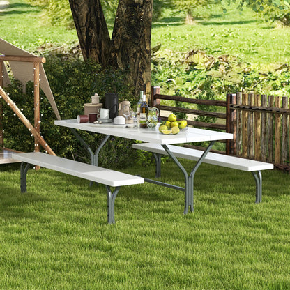 Giantex Picnic Table 6FT for 8 Person, Outdoor Table Set w/ 2 Benches, All-Weather HDPE Rectangular Tabletop, Heavy Duty Metal Legs, Umbrella Hole, for Patio Yard Lawn Party (White)
