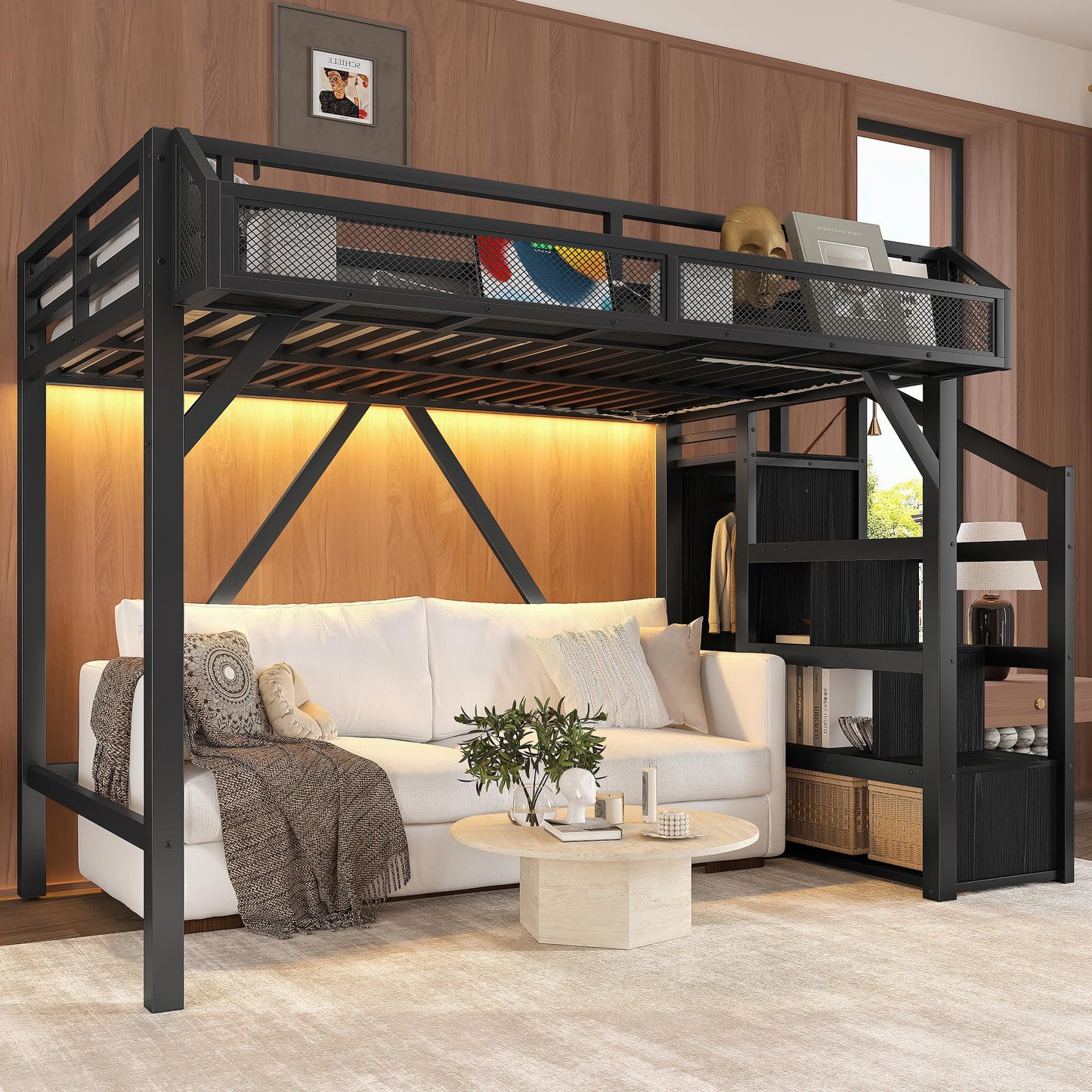 DNYN Loft Bed Frame with Built-in Wardrobe and Storage Stairs for Teens Adults Bedroom, Space-Saving Twin XL Size Bed with LED/USB Ports/Bedside Shelf, No Box Spring Needed & Easy Assemble