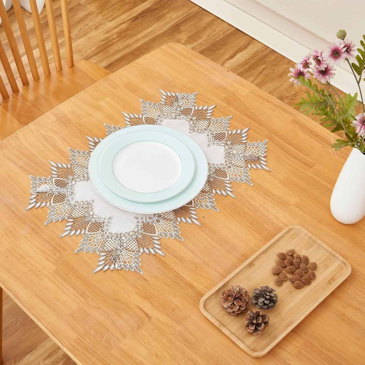 14x20 Set 2, (Set 2, White Linen Placemats of Neutral Earth Tones Beige Lace Coffee Table Topper Dresser Scarf Place