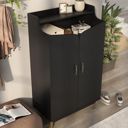 24/7 Shop at Home Ansel Mid-Century Modern 2-Door Storage Wood 32 in. Shoe Cabinet with Adjustable Shelves for Entryway, Hallway, Black