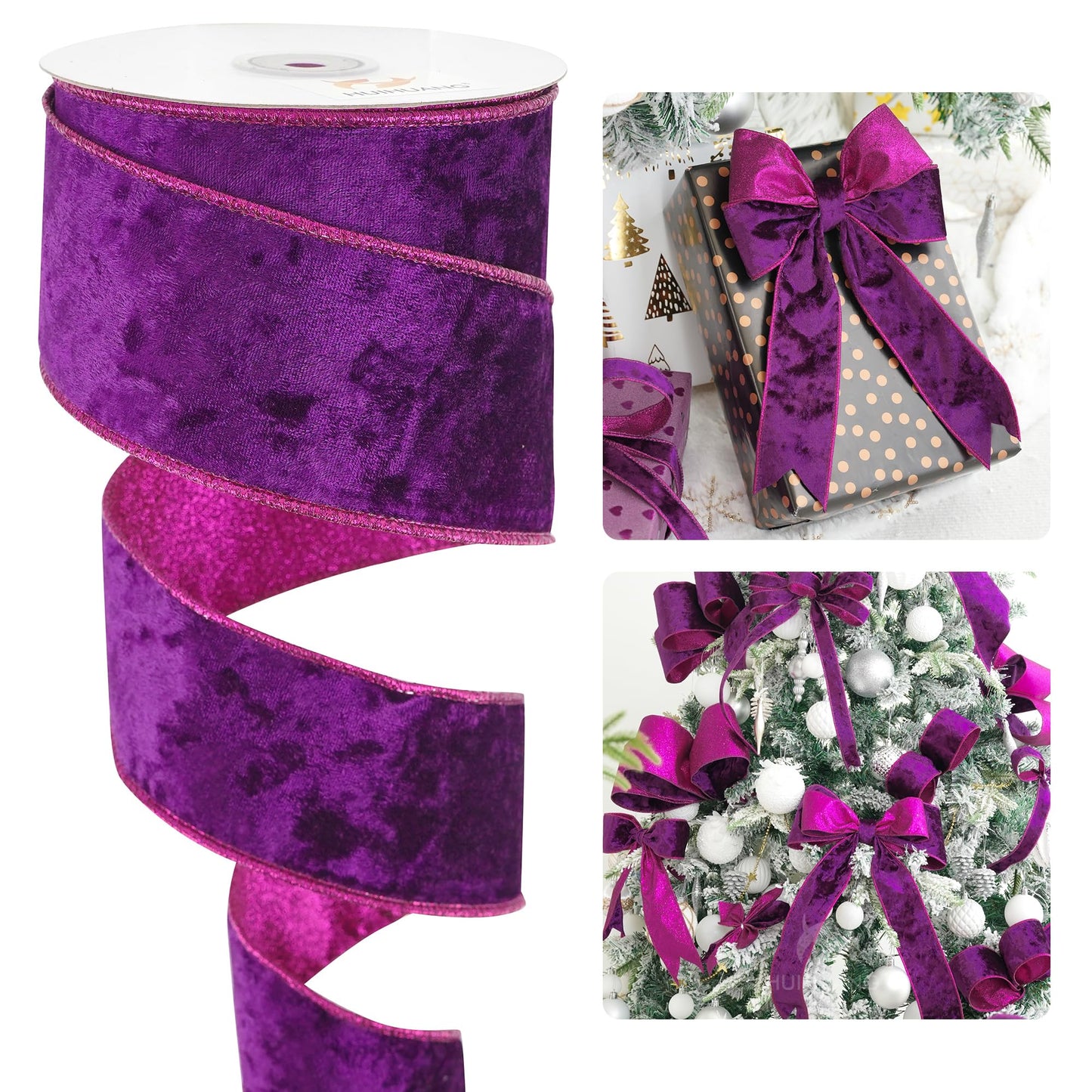 HUIHUANG Purple Velvet Wired Ribbon 2.5 inch Wired Velvet Ribbon with Purple Glitter for Gift Wrapping, Christmas Tree Decoration, Bows, Wreaths, Garlands, Halloween Decor - 10 Yards