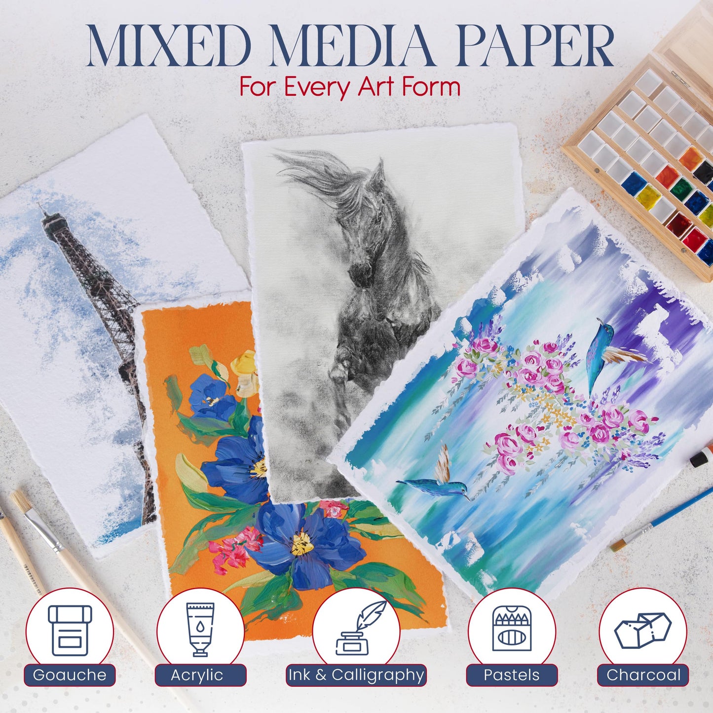 Wanderings Thick Handmade Watercolor Paper with Deckled Edge - 9" x 12" - 500GSM Premium White Cold-Pressed Textured Mixed Media Paper Made with Recycled Cotton - 15 Loose Leaf Sheets