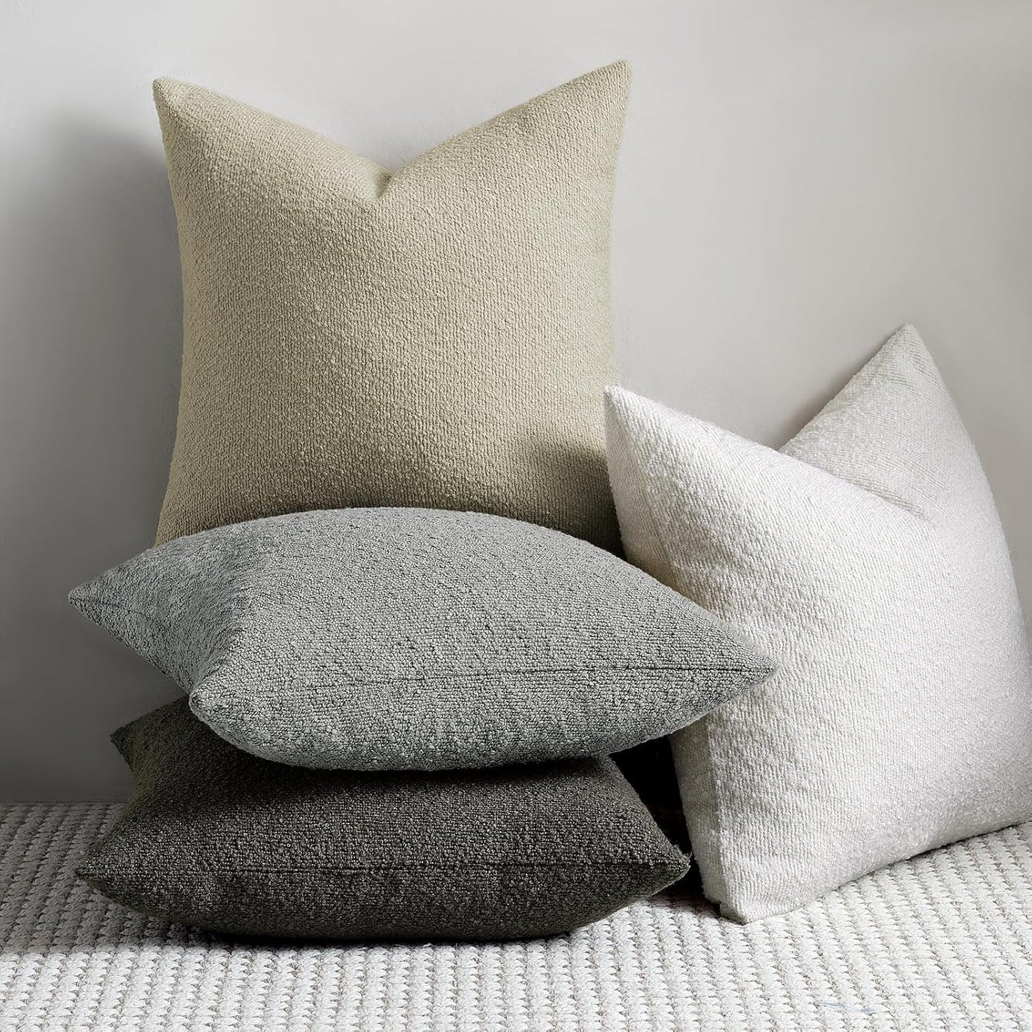 24 24 Inch Set 2, Cozy Throw Pillow Covers x of Beige Decorative Accent Solid Boucle Textured Pillow Cover, Neutral