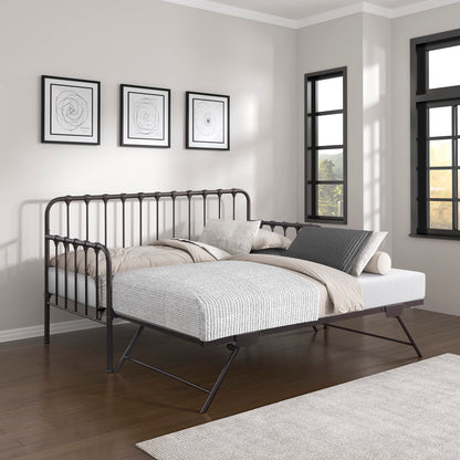 Lexicon Metal Daybed with Trundle Mattress Foundation with Steel Slat Support, Easy Assembly, Twin Size, Multi-Functional Furniture, Dark Bronze