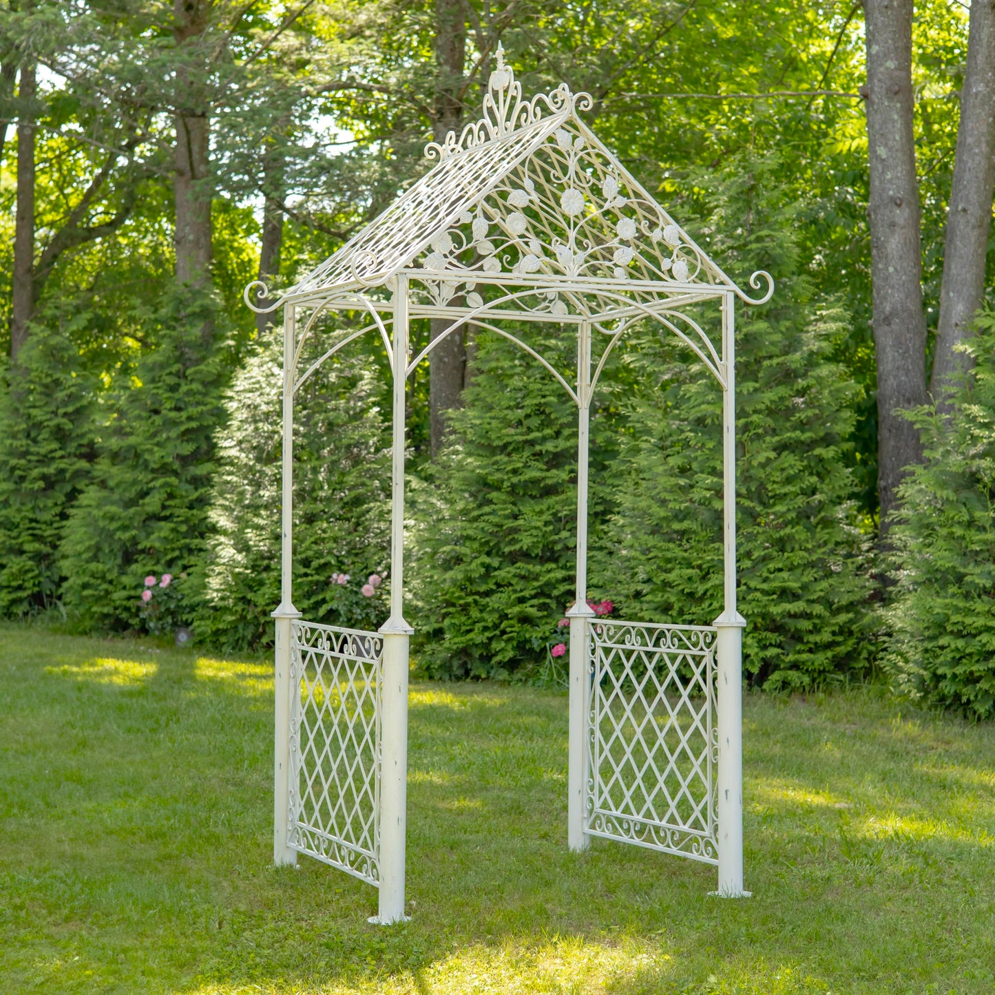 9.5ft T Iron Garden Arch with Embellished Trellis London 1820" (Antique White)