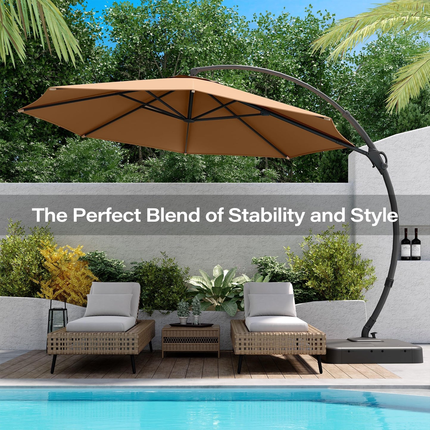 LAUSAINT HOME Outdoor Patio Umbrella with Base included, 12 FT Deluxe Curvy Cantilever Umbrella Offset Hanging umbrella with 360° Rotation for Market, Pool, Garden, Backyard, Deck (Tan, 12 FT)