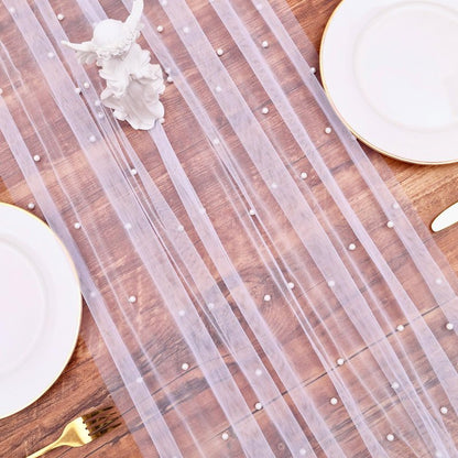 TuTive Gauze White Pearl Table Runner 10FT Sheer Spring Summer Pearl 120 Inch Valentine’s Day Tulle Table Runner for Dining Anniversary Wedding Table Decor for Home Party Decorations
