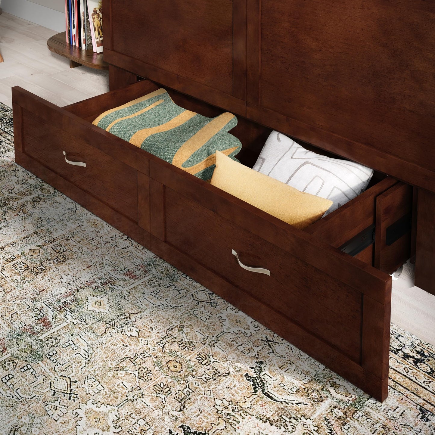 AFI, Raleigh Modern Queen Solid Wood Murphy Bed Chest with 6" Mattress, Storage Drawer & Built-in USB Charger, Walnut